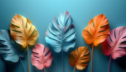 colorful monstera leaves in vibrant blue, orange, and pink hues on turquoise background