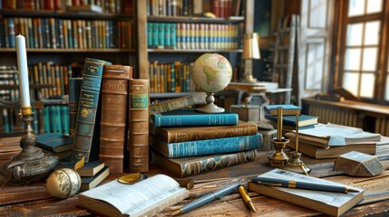 Aufkleber - A diverse collection of colorful and well-worn books sit atop a table next to a globe, representing the journey of knowledge and exploration. Generative AI