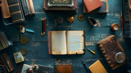 Aufkleber - A table adorned with a colorful array of books and various writing implements, creating an inviting space for creativity and inspiration. Generative AI