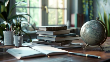 Aufkleber - A table is filled with a variety of books and a globe, symbolizing knowledge and exploration. Generative AI