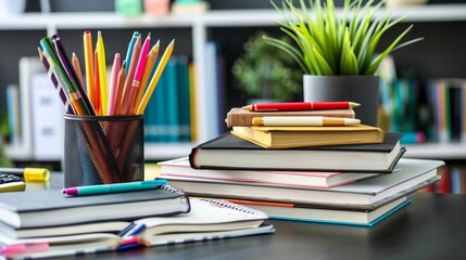 Aufkleber - A stack of colorful books sits next to rows of sharpened pencils on a wooden desk. Generative AI