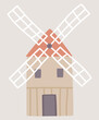 Wooden farming mill in flat design. Countryside windmill farm exterior. Vector illustration isolated.