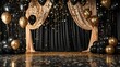 glamorous black stage with golden curtains balloon frames and confetti for birthday celebration