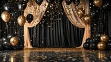 Fototapeta  - glamorous black stage with golden curtains balloon frames and confetti for birthday celebration