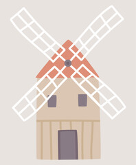 wooden farming mill in flat design. countryside windmill farm exterior. vector illustration isolated