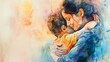 heartwarming watercolor painting of mother and son embracing with love