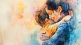 Fototapeta  - heartwarming watercolor painting of mother and son embracing with love