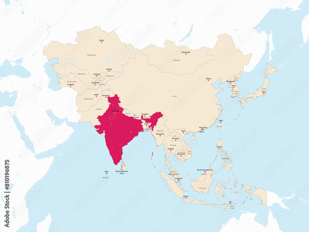 Highlighted red map of INDIA inside light red detailed political map of Asia using orthographic projection on white and blue background