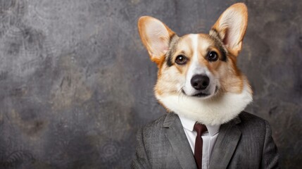 Wall Mural - A corgi dog wearing a suit and tie with its head in the air. AI.