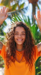 Wall Mural - A woman with curly hair wearing an orange shirt and waving her hands. AI.