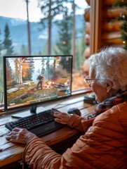 Poster - An older woman sitting at a computer playing video games. AI.