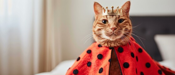 Wall Mural - A cat wearing a crown and red cape on top of bed. AI.