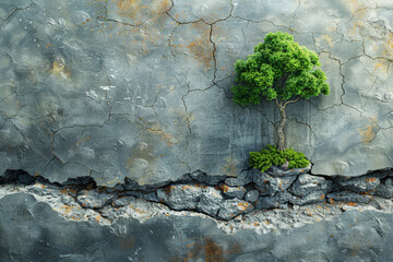 Wall Mural - A simple graphic of a tree growing from a crack in concrete, symbolizing resilience and nature's ability to thrive in urban environments. Generative Ai.