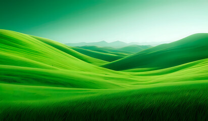 Wall Mural - Beautiful panoramic landscape of wavy green hills background. Undulating lush green hills, creating a tranquil, serene scene.