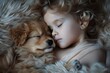 © Maelgoa - A close-up portrait of a sleeping child nestled with a fluffy puppy, bathed in soft moonlight, radiating innocence and warmth