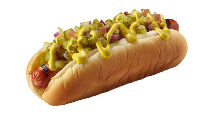 Wall Mural -  A mouth-watering hot dog with mustard, relish, and onions, nestled in a soft bun, showcased on a solid pure white background. 
