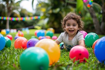 A child playing with colorful balloons in a lush green field, with a wide smile on their face