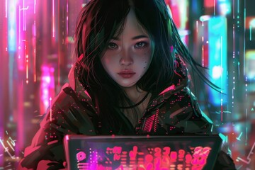 Wall Mural - cyberpunk asian girl with laptop and binary code futuristic technology concept digital painting