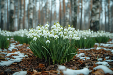 Wall Mural - Snowdrop flowers blooming in the forest. Early spring landscape.