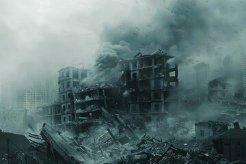 Wall Mural - devastating scene of bombed buildings engulfed in rising smoke war destruction digital painting