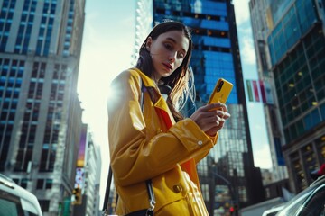 Canvas Print - A woman in a yellow jacket is looking at her cell phone