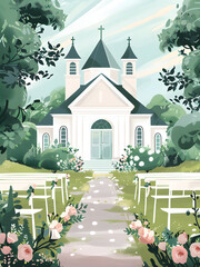 A beautiful wedding church illustration with the white and green color scheme, with flower arrangements on chairs in front of it. The background features a simple path leading to an outdoor chapel 