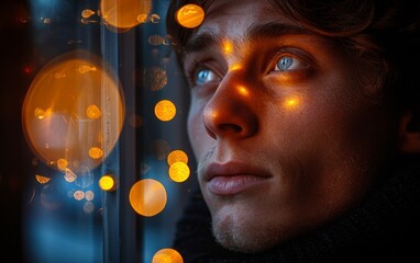 Poster - A man with blue eyes looking out a window at a blurry scene. The scene is filled with bright lights and the man's reflection is visible in the window