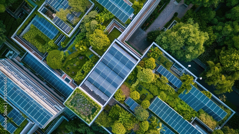 Aerial perspective of a green roof with solar panels on a corporate ...