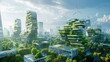 A photograph presenting a futuristic city view with corporate buildings outfitted with green roofs, solar installations, and wind power. Corporate carbon reduction