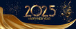 © emmanuel - card or headband to wish a happy new year 2025 in gold with a drape of gold-colored fabric on a black background with sequins and gold streamers