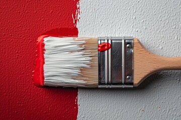 Wall Mural - A paintbrush with red paint on it is leaning against wall