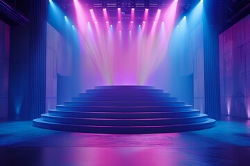 Canvas Print - A stage with a blue staircase and lights. Fashion show catwalk or podium stage