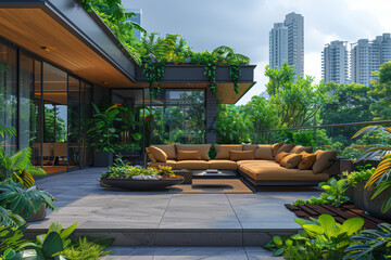 Sticker - A chic rooftop garden oasis, with lush greenery, comfortable seating, and panoramic views of the urban skyline, providing a peaceful sanctuary amidst the bustling city below.  Generative Ai.