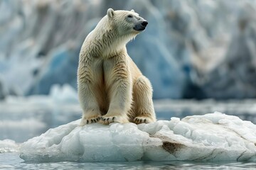 starving polar bear on melting ice floe climate change impact on arctic wildlife environmental conce