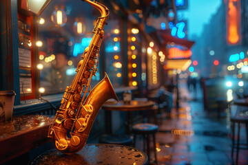 Sticker - A lively jazz club alive with the soulful strains of saxophones and trumpets, patrons swaying to the rhythm with glasses raised in celebration. Concept of musical expression and joy. Generative Ai.