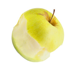 One green ripe bitten apple on a transparent and white background. PNG. Side view.