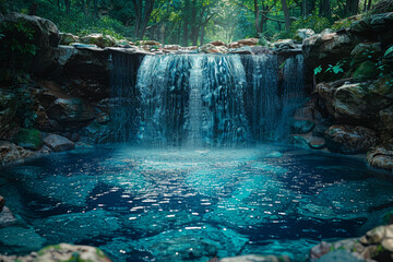 Poster - A secluded waterfall hidden within a lush forest, its cascading waters forming a crystal-clear pool at the base, inviting weary travelers to rest and rejuvenate.  Generative Ai.