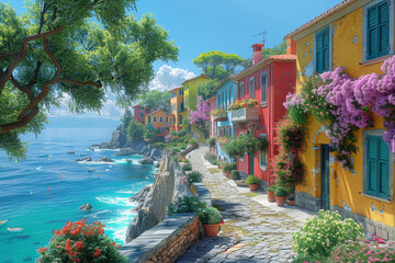 Wall Mural - A charming seaside town with quaint cobblestone streets and colorful houses, its coastal beauty enchanting visitors from near and far. Concept of coastal charm and allure. Generative Ai.