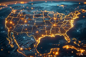 a glowing map of the united states with the states lit up in orange