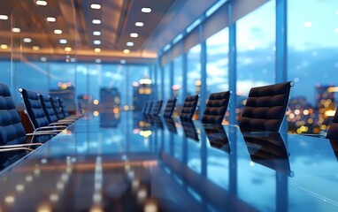 a large conference room with a long table and many black chairs. the room is well lit and has a prof
