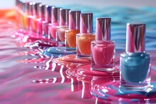Row Of Colorful Nail Polish Bottles With Their Reflections On Water Surface, Representing Choice In Beauty And Cosmetics