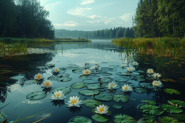 Poster - A tranquil freshwater lake, reflecting the surrounding landscape and teeming with fish and aquatic plants, symbolizing the abundance of inland waters. Concept of aquatic habitats. Generative Ai.