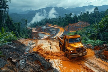 A large truck transports reddish soil on a muddy road, with a deforested tropical landscape in the cloudy background