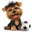 A cute cartoon Yorkshire Terrier sits next to a soccer ball, looking up with happy eyes. The terrier has long, silky hair and a perky tail. The soccer ball is black and white.