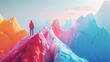 An awe-inspiring low poly image of a person on a colorful mountain peak gazing at a surreal landscape