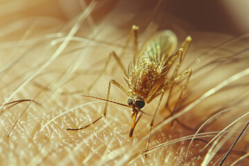 Close up of Mosquito sucking blood. Aedes Aegypti Mosquito on human skin.