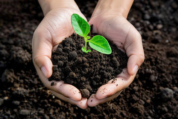 Wall Mural - Human hands holding a handful of soil and small tree for planting