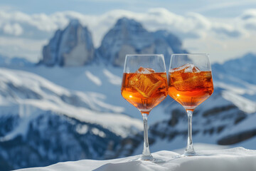 two glasses of cold aperol spritz cocktail with view to snowy alp mountains.