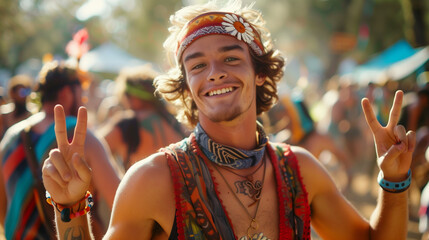 Sticker - Young man enjoy a music festival in unique boho gypsy style outfit