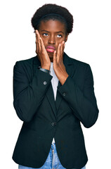 Sticker - Young african american girl wearing business clothes tired hands covering face, depression and sadness, upset and irritated for problem